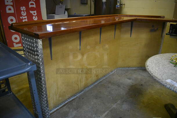 L Shaped Bar w/ Brazilian Cherry Wood Bar Top and Diamond Plate Panels. BUYER MUST REMOVE. 104x24x45. (basement) - Image 6 of 6