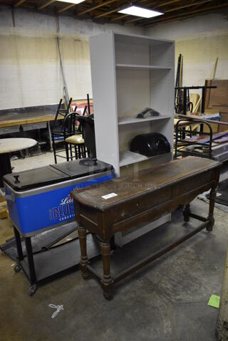 ALL ONE MONEY! Lot of Bookshelf, Wooden Counter and Labatt Blue Light Portable Ice Cooler. BUYER MUST REMOVE. Includes 58x16x30. (basement)