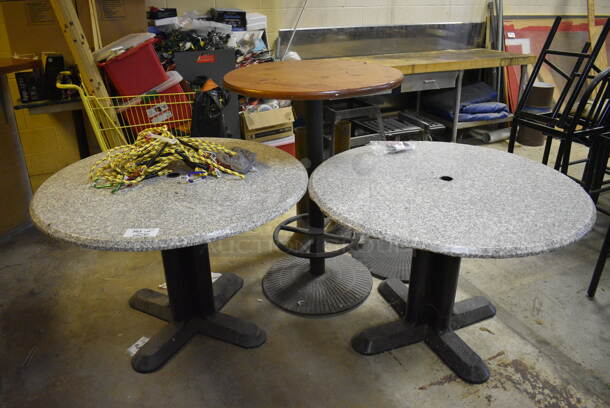 ALL ONE MONEY! Lot of 3 Various Tables and Table Base Pieces. BUYER MUST REMOVE. Includes 42x42x28. (basement)