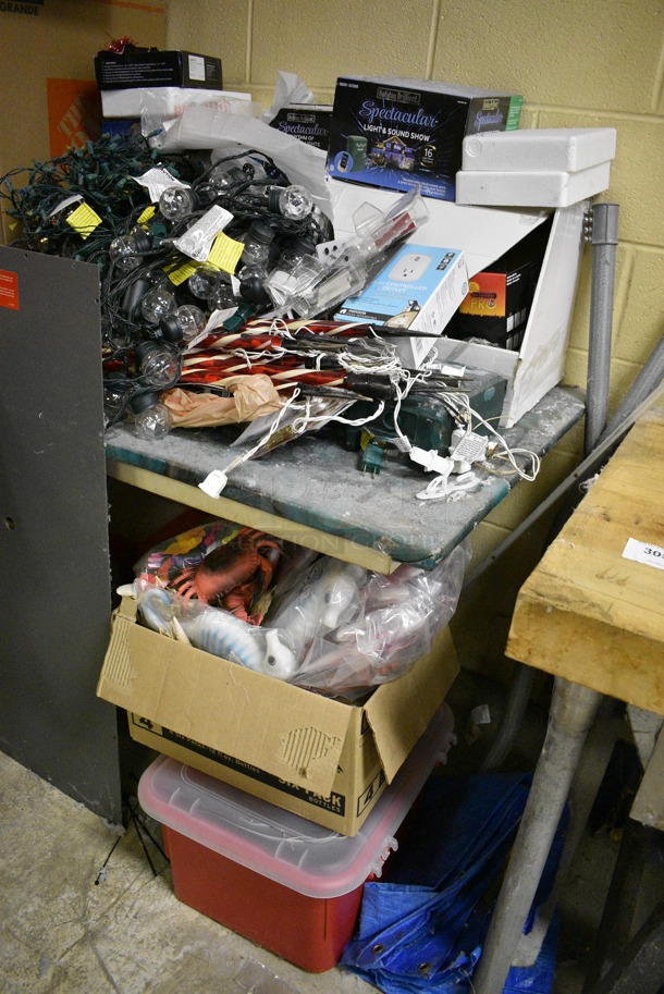 ALL ONE MONEY! Lot of Table, Shopping Cart and Contents of Various Decorations Including Christmas Lights. BUYER MUST REMOVE. Includes 77x30x30. (basement) - Image 2 of 7