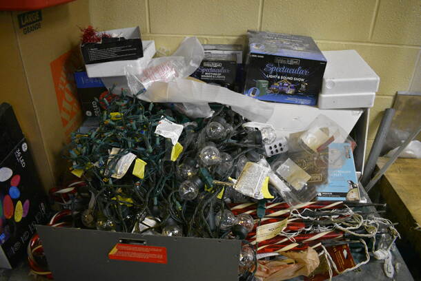 ALL ONE MONEY! Lot of Table, Shopping Cart and Contents of Various Decorations Including Christmas Lights. BUYER MUST REMOVE. Includes 77x30x30. (basement) - Image 3 of 7