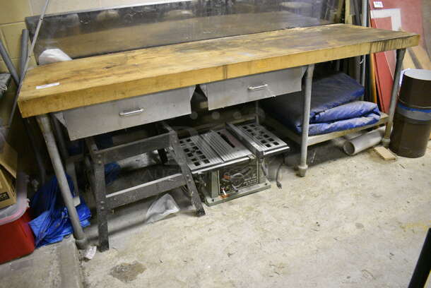 ALL ONE MONEY! Lot of Butcher Block Tabletop on Metal Legs, Metal Stand and 10" Bench Saw. BUYER MUST REMOVE. 96x30x35. (basement) - Image 1 of 5