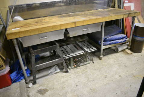 ALL ONE MONEY! Lot of Butcher Block Tabletop on Metal Legs, Metal Stand and 10" Bench Saw. BUYER MUST REMOVE. 96x30x35. (basement)