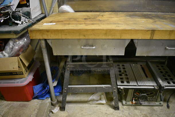 ALL ONE MONEY! Lot of Butcher Block Tabletop on Metal Legs, Metal Stand and 10" Bench Saw. BUYER MUST REMOVE. 96x30x35. (basement) - Image 2 of 5
