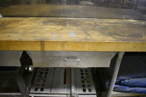ALL ONE MONEY! Lot of Butcher Block Tabletop on Metal Legs, Metal Stand and 10" Bench Saw. BUYER MUST REMOVE. 96x30x35. (basement) - Image 3 of 5