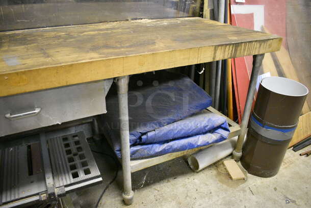 ALL ONE MONEY! Lot of Butcher Block Tabletop on Metal Legs, Metal Stand and 10" Bench Saw. BUYER MUST REMOVE. 96x30x35. (basement) - Image 4 of 5