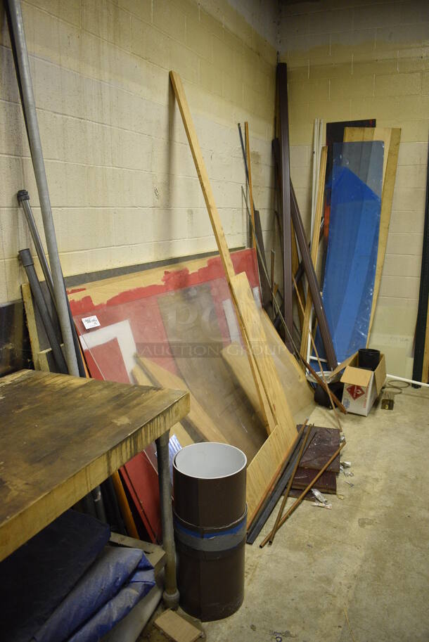 ALL ONE MONEY! Lot of Various Items Including Wood and Poly Panes. BUYER MUST REMOVE. (basement)