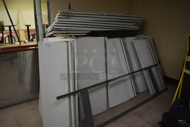ALL ONE MONEY! Lot of White Metal Shelves for Shelving Unit. BUYER MUST REMOVE. Includes 48x14x1, 84x18x2. (basement)