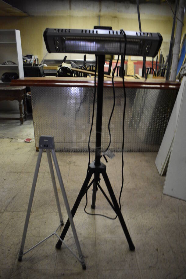 ALL ONE MONEY! Lot of Metal Outdoor Infrared Electric Heater and Tripod. 38", 63". (basement) - Image 1 of 4