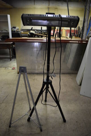 ALL ONE MONEY! Lot of Metal Outdoor Infrared Electric Heater and Tripod. 38", 63". (basement)