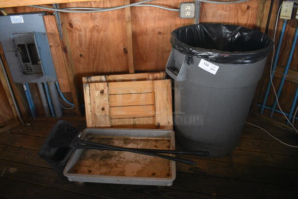 ALL ONE MONEY! Lot of Trash Can, Dolly, Dust Pan, Broom and Wooden Pieces. (patio)