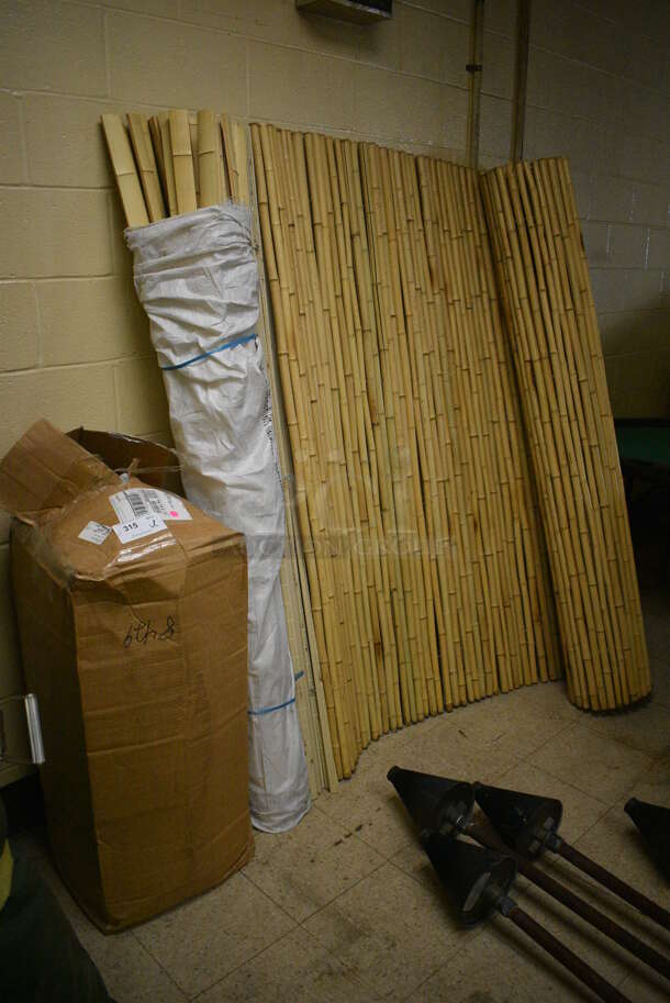 ALL ONE MONEY! Lot of Fake Wood Patterned Bamboo Sheet and Fronds. BUYER MUST REMOVE. (basement) - Image 1 of 4