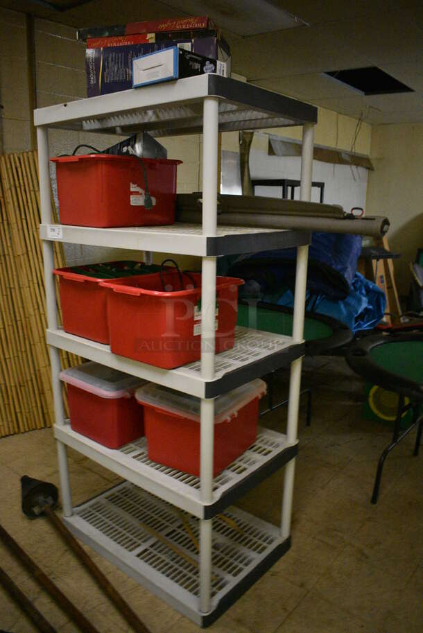 ALL ONE MONEY! Poly 5 Tier Shelving Unit w/ Contents Including Poly Bins. BUYER MUST REMOVE. BUYER MUST DISMANTLE. PCI CANNOT DISMANTLE FOR SHIPPING. PLEASE CONSIDER FREIGHT CHARGES. 36x24x73. (basement)