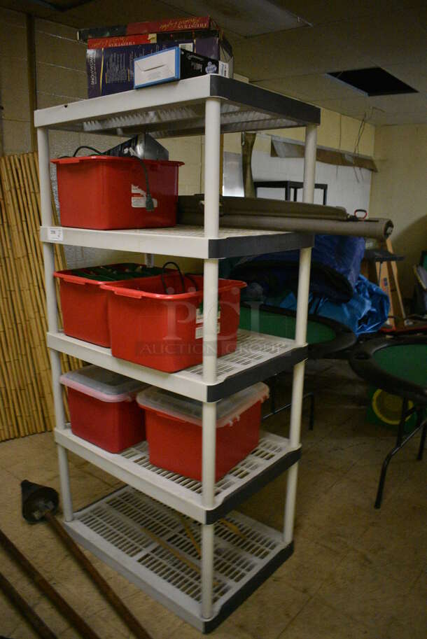 ALL ONE MONEY! Poly 5 Tier Shelving Unit w/ Contents Including Poly Bins. BUYER MUST REMOVE. BUYER MUST DISMANTLE. PCI CANNOT DISMANTLE FOR SHIPPING. PLEASE CONSIDER FREIGHT CHARGES. 36x24x73. (basement) - Image 1 of 5