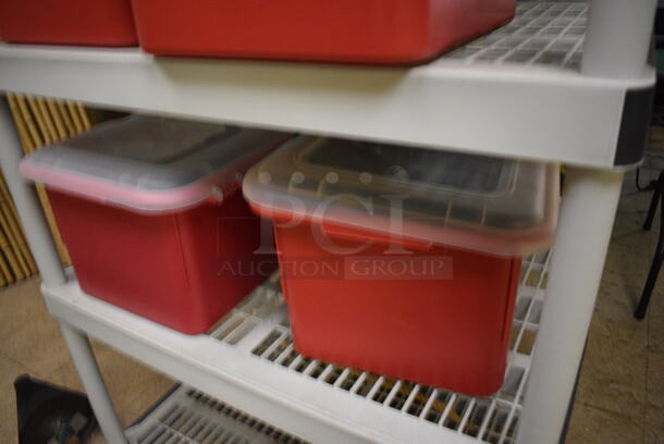 ALL ONE MONEY! Poly 5 Tier Shelving Unit w/ Contents Including Poly Bins. BUYER MUST REMOVE. BUYER MUST DISMANTLE. PCI CANNOT DISMANTLE FOR SHIPPING. PLEASE CONSIDER FREIGHT CHARGES. 36x24x73. (basement) - Image 4 of 5