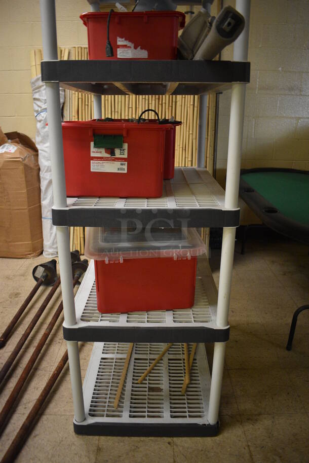 ALL ONE MONEY! Poly 5 Tier Shelving Unit w/ Contents Including Poly Bins. BUYER MUST REMOVE. BUYER MUST DISMANTLE. PCI CANNOT DISMANTLE FOR SHIPPING. PLEASE CONSIDER FREIGHT CHARGES. 36x24x73. (basement) - Image 5 of 5
