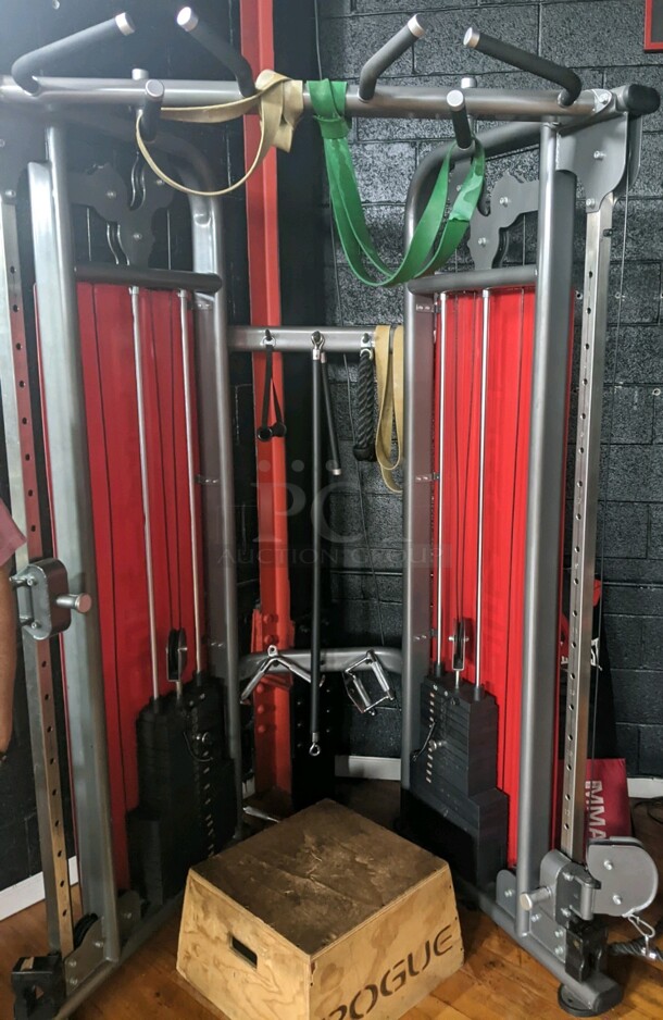 Gray and Red Metal Total Workout Gym. Does Not Come w/ Wooden Block w/ 4 Attachments. Unit Is Disassembled - See Pictures