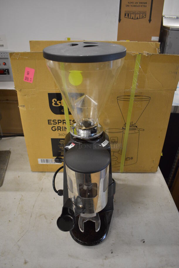 IN ORIGINAL BOX! Estella 236ECEG26 Metal Commercial Countertop Espresso Bean Grinder w/ Hopper. 110/120 volts, 1 Phase. 6x14x26. Tested and Powers On But Parts Do Not Move - Image 1 of 9