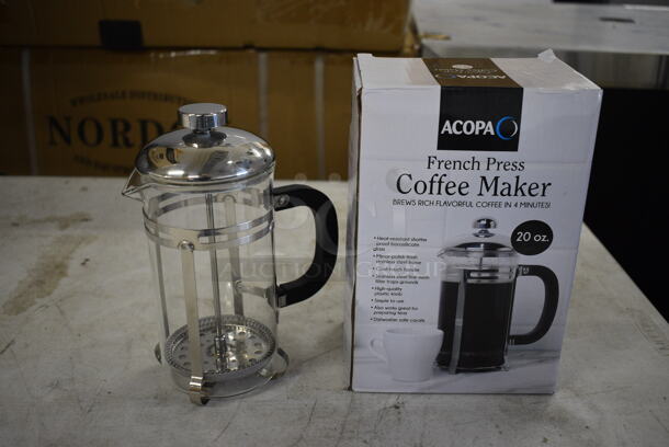 12 BRAND NEW IN BOX! Acopa 20 oz French Press Coffee Makers. 5.5x3.5x7.5. 12 Times Your Bid!