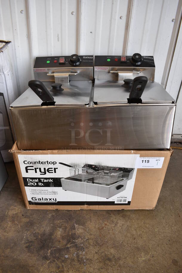 BRAND NEW SCRATCH AND DENT! Galaxy Model 177EF20E Stainless Steel Countertop Electric Powered Double Bay Fryer w/ 2 Baskets and 2 Lids. 110 Volts, 1 Phase. 23x17x13. Tested and Working! - Image 1 of 8