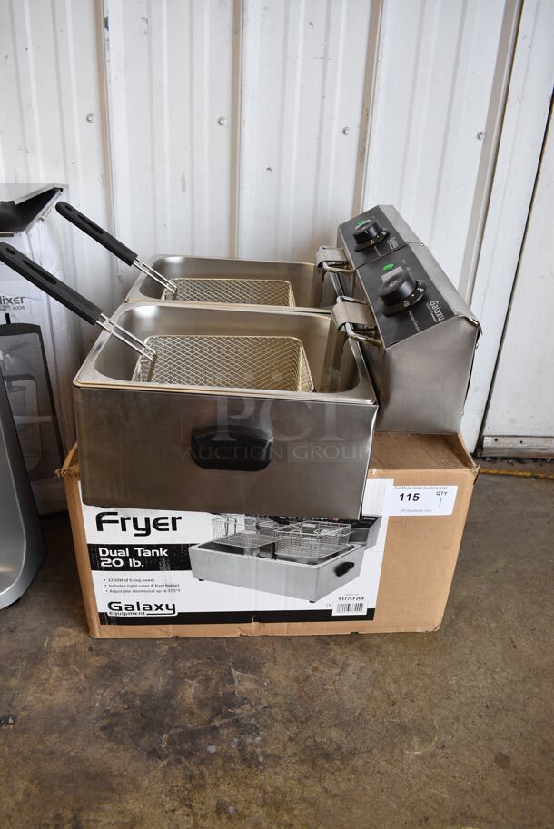 BRAND NEW SCRATCH AND DENT! Galaxy Model 177EF20E Stainless Steel Countertop Electric Powered Double Bay Fryer w/ 2 Baskets and 2 Lids. 110 Volts, 1 Phase. 23x17x13. Tested and Working! - Image 7 of 8