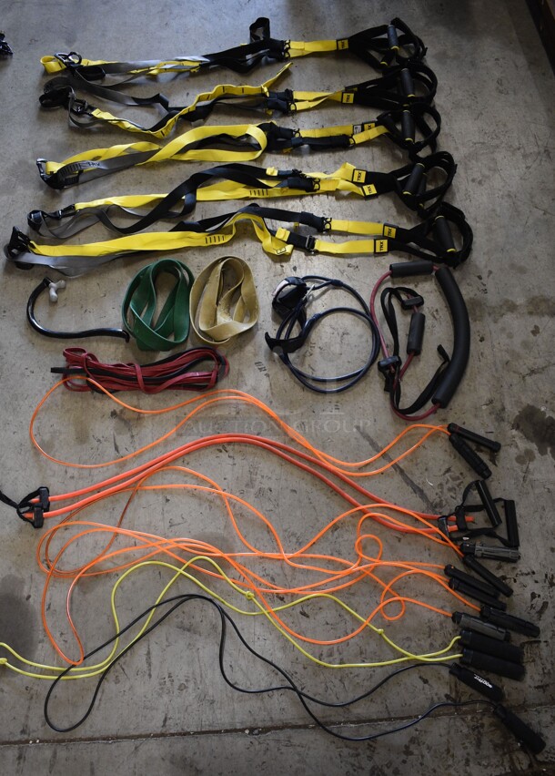 ALL ONE MONEY! Lot of Various Items Including 5 TRX Bands, 7 Resistance Ropes and 2 Resistance Bands