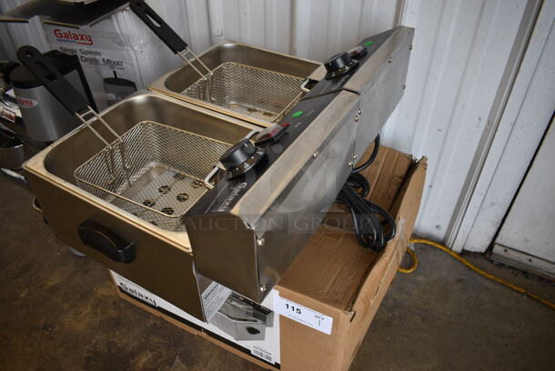 BRAND NEW SCRATCH AND DENT! Galaxy Model 177EF20E Stainless Steel Countertop Electric Powered Double Bay Fryer w/ 2 Baskets and 2 Lids. 110 Volts, 1 Phase. 23x17x13. Tested and Working! - Image 8 of 8