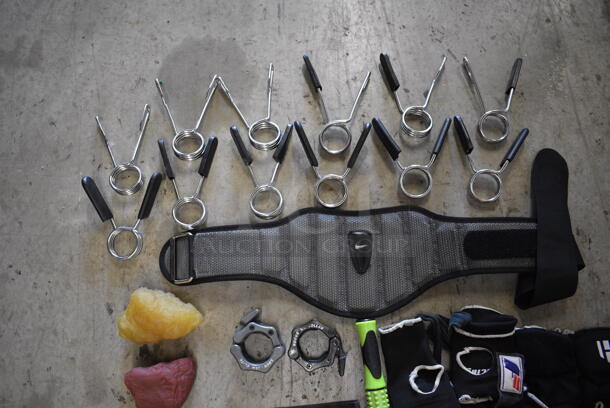 ALL ONE MONEY! Lot of 2 Red Bins w/ Contents Including 1 Pound Fat v Muscle, Gloves, Back Brace 12 Olympic Bar Clips and 20 Resistance Band Ribbons - Image 2 of 8