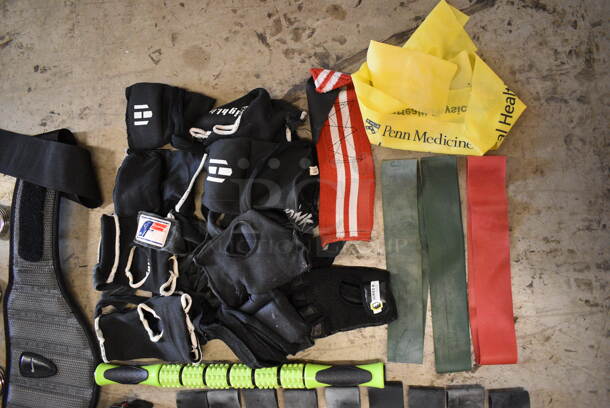 ALL ONE MONEY! Lot of 2 Red Bins w/ Contents Including 1 Pound Fat v Muscle, Gloves, Back Brace 12 Olympic Bar Clips and 20 Resistance Band Ribbons - Image 5 of 8