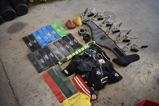 ALL ONE MONEY! Lot of 2 Red Bins w/ Contents Including 1 Pound Fat v Muscle, Gloves, Back Brace 12 Olympic Bar Clips and 20 Resistance Band Ribbons - Image 6 of 8