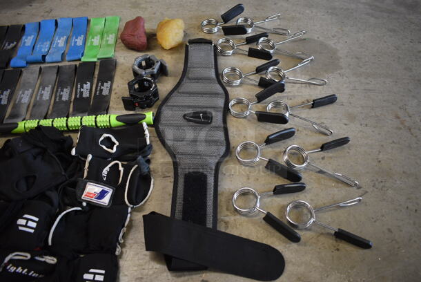 ALL ONE MONEY! Lot of 2 Red Bins w/ Contents Including 1 Pound Fat v Muscle, Gloves, Back Brace 12 Olympic Bar Clips and 20 Resistance Band Ribbons - Image 7 of 8