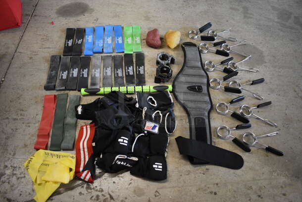 ALL ONE MONEY! Lot of 2 Red Bins w/ Contents Including 1 Pound Fat v Muscle, Gloves, Back Brace 12 Olympic Bar Clips and 20 Resistance Band Ribbons - Image 8 of 8