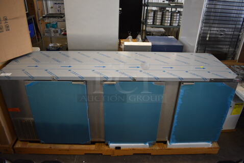 BRAND NEW IN BOX! Fagor FBB-95-S-SLP-GR Stainless Steel Commercial 3 Door Undercounter Cooler. 115 Volts, 1 Phase. 96x29x37. Tested and Working!