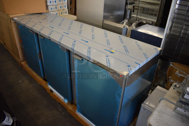 BRAND NEW IN BOX! Fagor FBB-95-S-SLP-GR Stainless Steel Commercial 3 Door Undercounter Cooler. 115 Volts, 1 Phase. 96x29x37. Tested and Working! - Image 6 of 7