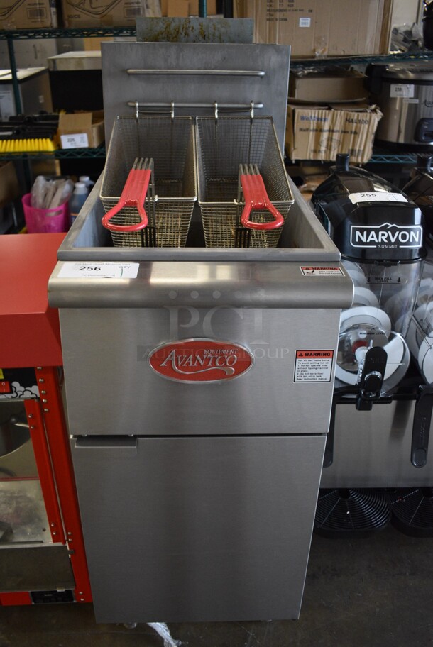 2022 Avantco FF300-P Stainless Steel Commercial Floor Style Propane Gas Powered Deep Fat Fryer w/ 2 Metal Fry Baskets. 90,000 BTU. 15.5x30x47 - Image 1 of 7