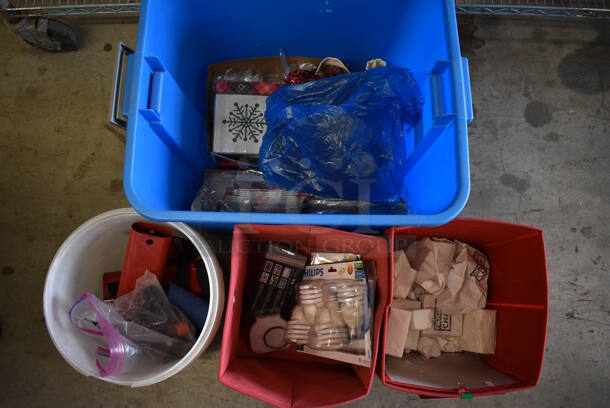ALL ONE MONEY! Lot of White, 2 Red and Blue Bin Including Contents; Metal, Lightbulbs, Remote Shutter Release and Christmas Napkins