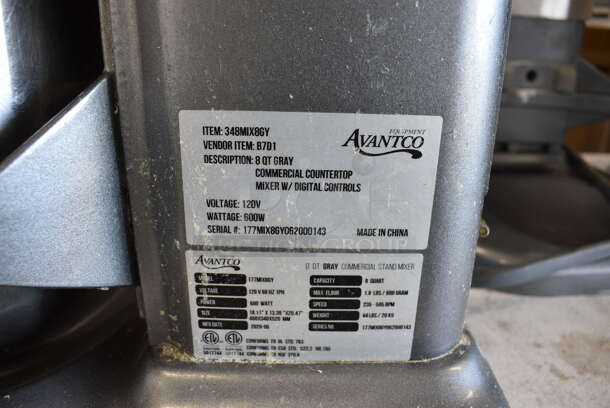 Avantco 177MIX8GY Metal Commercial Countertop 8 Quart Planetary Dough Mixer w/ Stainless Steel Mixing Bowl and Paddle Attachment. 120 Volts, 1 Phase. 12x17x20. Tested and Powers On But Parts Do Not Move - Image 7 of 9