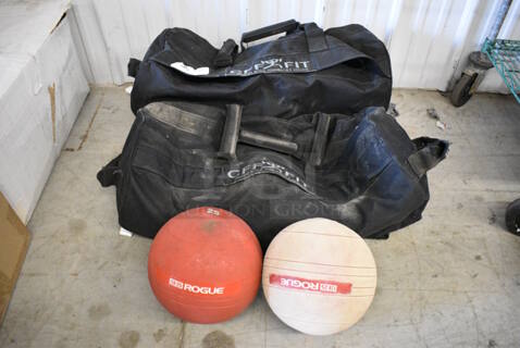 2 CFF Fit Black Bags w/ Two 25 Lb Medicine Ball. 30x12x12. 2 Times Your Bid!