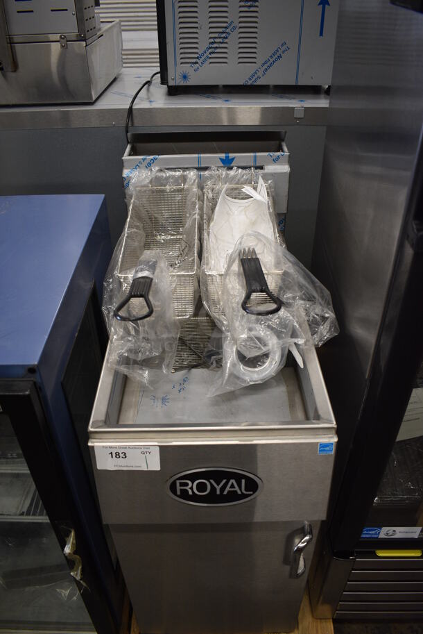 BRAND NEW! 2019 Royal REEF-35 Stainless Steel Commercial Floor Style Natural Gas Powered Deep Fat Fryer w/ 2 Metal Fry Baskets and Legs. 15.5x30x43 - Image 8 of 8