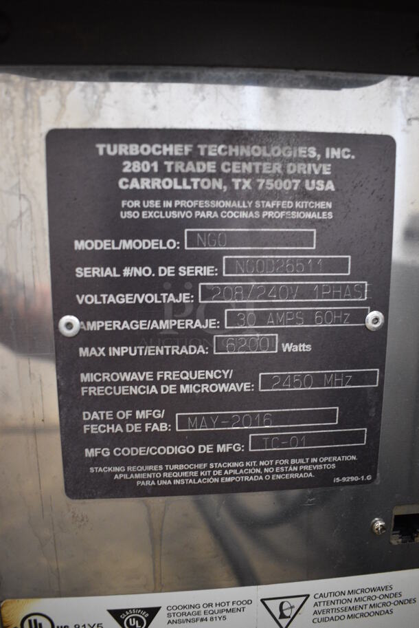 2016 Turbochef Model NGO Metal Commercial Countertop Electric Rapid Cook Oven. 208/240 Volts, 1 Phase. 17x28x22 - Image 7 of 9