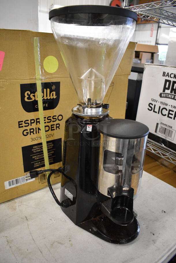 IN ORIGINAL BOX! Estella 236ECEG26 Metal Commercial Countertop Espresso Bean Grinder w/ Hopper. 110/120 volts, 1 Phase. 6x14x26. Tested and Powers On But Parts Do Not Move - Image 4 of 9
