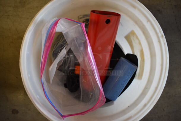 ALL ONE MONEY! Lot of White, 2 Red and Blue Bin Including Contents; Metal, Lightbulbs, Remote Shutter Release and Christmas Napkins - Image 2 of 11