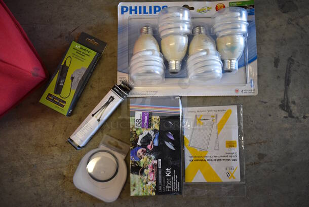 ALL ONE MONEY! Lot of White, 2 Red and Blue Bin Including Contents; Metal, Lightbulbs, Remote Shutter Release and Christmas Napkins - Image 7 of 11