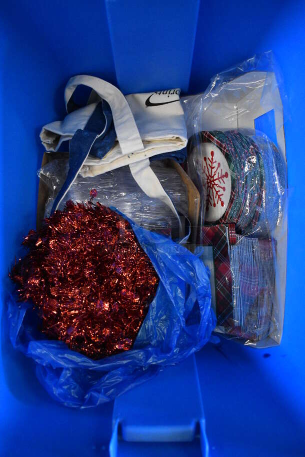 ALL ONE MONEY! Lot of White, 2 Red and Blue Bin Including Contents; Metal, Lightbulbs, Remote Shutter Release and Christmas Napkins - Image 9 of 11