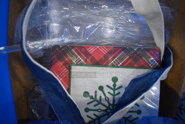ALL ONE MONEY! Lot of White, 2 Red and Blue Bin Including Contents; Metal, Lightbulbs, Remote Shutter Release and Christmas Napkins - Image 11 of 11
