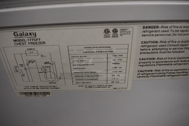 Galaxy 177CF7 Chest Freezer. 115 Volts, 1 Phase. 38x21x33.5. Tested and Powers On But Does Not Get Cold - Image 7 of 8