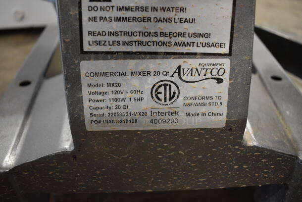 Avantco MX20 Metal Commercial 20 Quart Planetary Dough Mixer w/ Stainless Steel Bowl, Bowl Guard, Whisk and Dough Hook Attachments. 120 Volts, 1 Phase. 15x21x32. Tested and Working! - Image 6 of 8