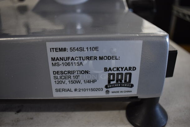 BRAND NEW IN BOX! Backyard Pro MS-106115A Stainless Steel Commercial Countertop Meat Slicer w/ Blade Sharpener. 120 Volts, 1 Phase. 21x18x17. Tested and Working! - Image 6 of 7