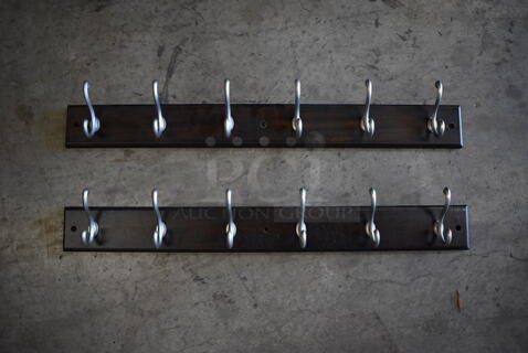 2 Wooden Wall Mount Coat Racks w/ 6 Hooks Each. 27x2.5x4. 2 Times Your Bid!