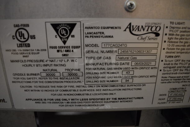 2021 Avantco 177CAG24TG Stainless Steel Commercial Countertop Natural Gas Powered Flat Top Griddle. 30,000 BTU. 24x30x16 - Image 6 of 6